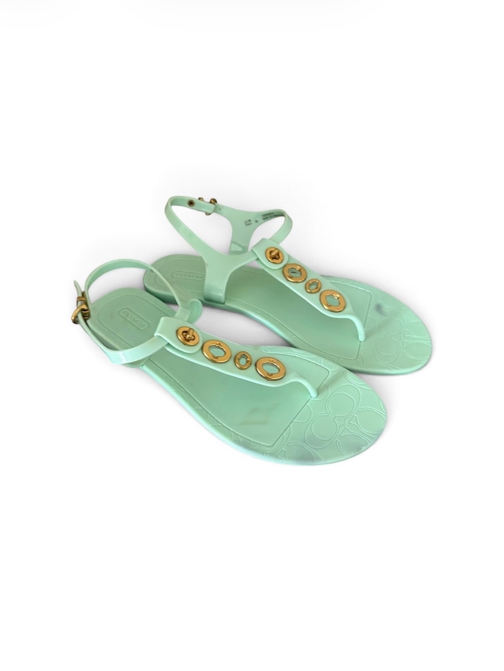 COACH Phila Mint Green Jelly Thong Sandals with Gold Turnlock Accents - Size 9B